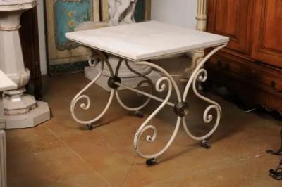 French 1890s Patisserie Table with Painted Iron Scrolling Base and Stone Top
