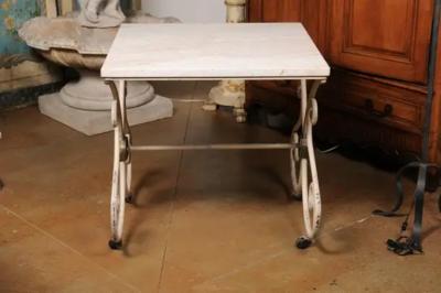 French 1890s Patisserie Table with Painted Iron Scrolling Base and Stone Top