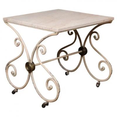 French 1890s Patisserie Table with Painted Iron Scrolling Base and Stone Top