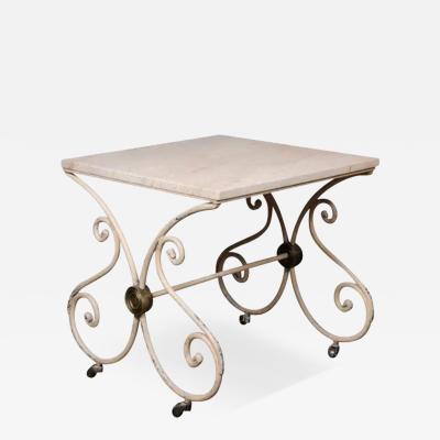 French 1890s Patisserie Table with Painted Iron Scrolling Base and Stone Top