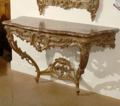 French 1890s Rococo Style Carved Giltwood Console Table with Floral D cor