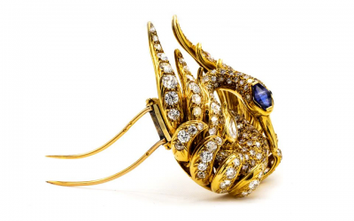 French 18K Yellow Gold Swan Diamond 16 00cttw Brooch