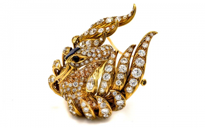 French 18K Yellow Gold Swan Diamond 16 00cttw Brooch