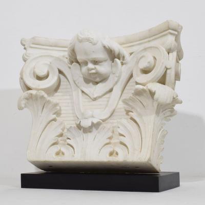 French 18th Century Carved White Marble Capital With Angel Head