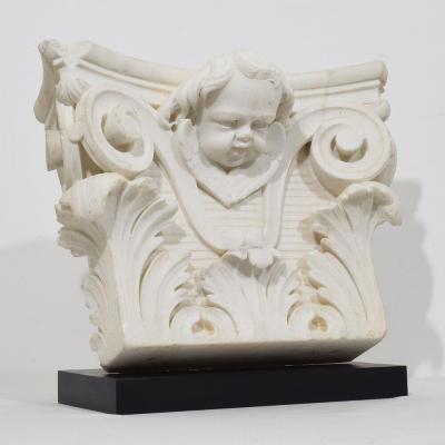 French 18th Century Carved White Marble Capital With Angel Head