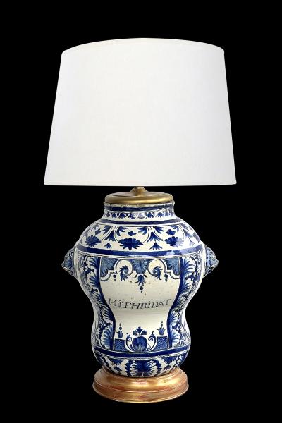 French 18th Century Faience Blue White Apothecary Jar Now Mounted as a Lamp