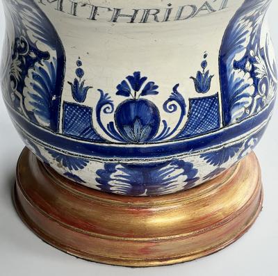 French 18th Century Faience Blue White Apothecary Jar Now Mounted as a Lamp
