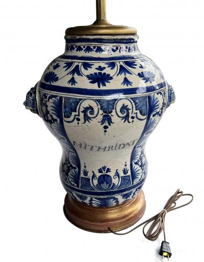French 18th Century Faience Blue White Apothecary Jar Now Mounted as a Lamp
