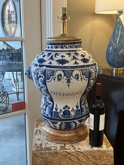 French 18th Century Faience Blue White Apothecary Jar Now Mounted as a Lamp