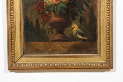French 18th Century Framed Still Life Oil Painting with Bouquet and Parakeet