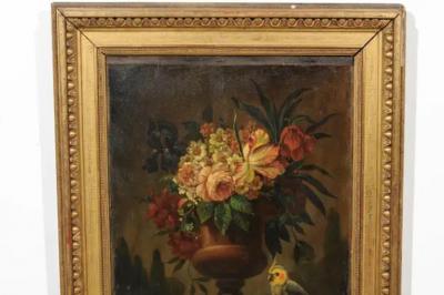 French 18th Century Framed Still Life Oil Painting with Bouquet and Parakeet