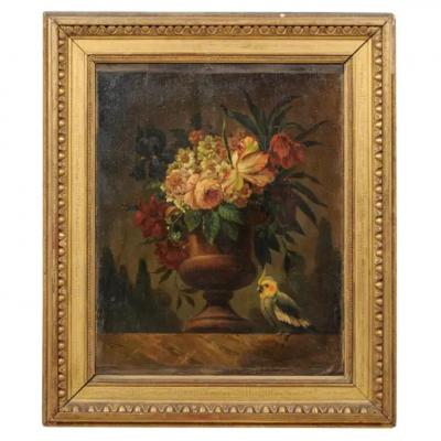 French 18th Century Framed Still Life Oil Painting with Bouquet and Parakeet