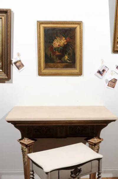 French 18th Century Framed Still Life Oil Painting with Bouquet and Parakeet