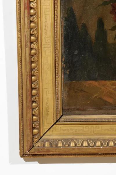 French 18th Century Framed Still Life Oil Painting with Bouquet and Parakeet