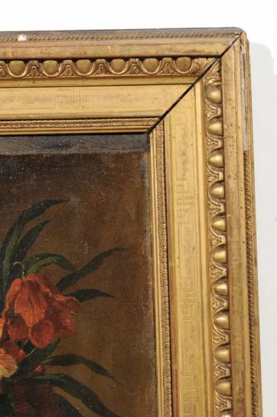 French 18th Century Framed Still Life Oil Painting with Bouquet and Parakeet
