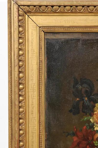 French 18th Century Framed Still Life Oil Painting with Bouquet and Parakeet