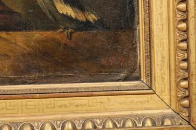 French 18th Century Framed Still Life Oil Painting with Bouquet and Parakeet