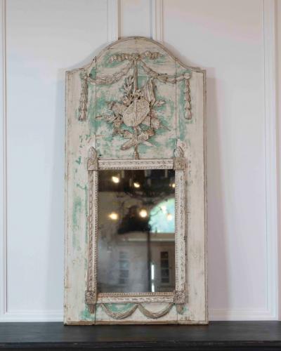 French 18th Century Louis XVI Carved Trumeau Mirror with Warrior Attributes