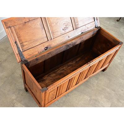 French 18th Century Solid Oak Carved Coffer