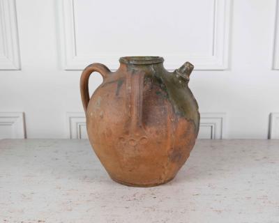 French 18th Century Unglazed Earthenware Oil Pot with Green Splash Glaze