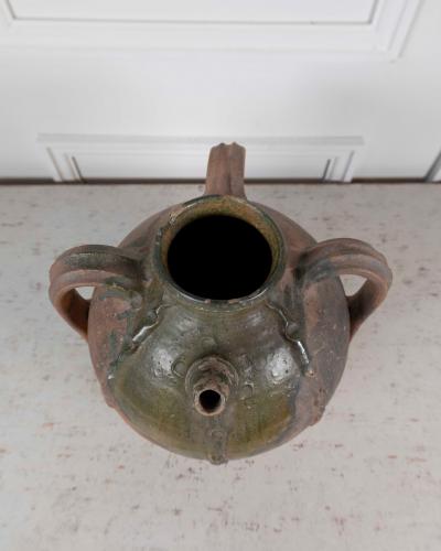 French 18th Century Unglazed Earthenware Oil Pot with Green Splash Glaze
