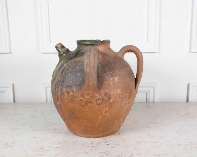 French 18th Century Unglazed Earthenware Oil Pot with Green Splash Glaze