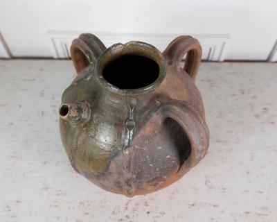 French 18th Century Unglazed Earthenware Oil Pot with Green Splash Glaze