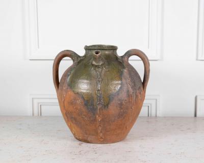French 18th Century Unglazed Earthenware Oil Pot with Green Splash Glaze