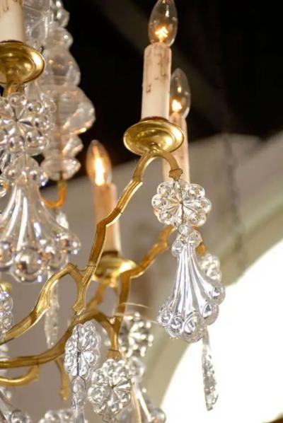 French 1900s Belle poque Brass and Crystal 10 Light Chandelier with Pendeloques