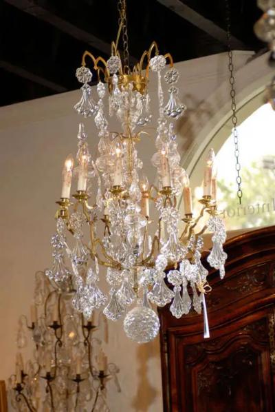 French 1900s Belle poque Brass and Crystal 10 Light Chandelier with Pendeloques