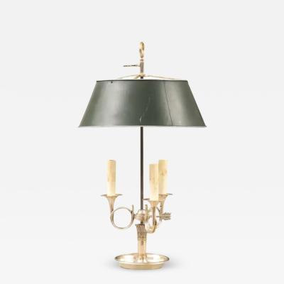 French 1900s Silvered Bronze Bouillotte Table Lamp with Horns and Green Shade