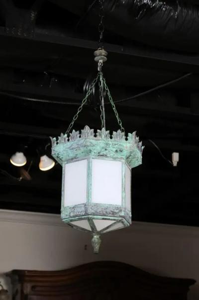 French 1910s Art Deco Hexagonal Lantern with Milk Glass and Verdigris Patina