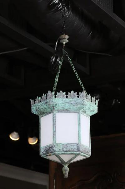 French 1910s Art Deco Hexagonal Lantern with Milk Glass and Verdigris Patina