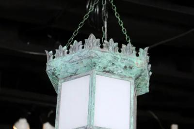 French 1910s Art Deco Hexagonal Lantern with Milk Glass and Verdigris Patina