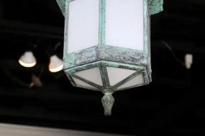 French 1910s Art Deco Hexagonal Lantern with Milk Glass and Verdigris Patina