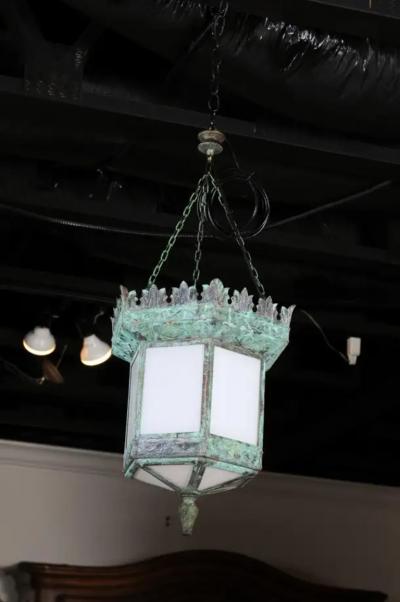 French 1910s Art Deco Hexagonal Lantern with Milk Glass and Verdigris Patina