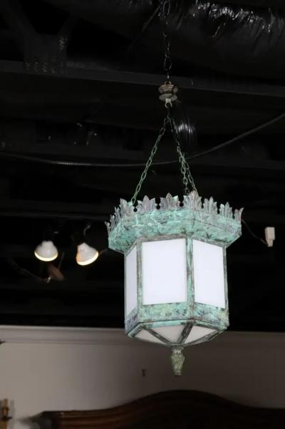 French 1910s Art Deco Hexagonal Lantern with Milk Glass and Verdigris Patina