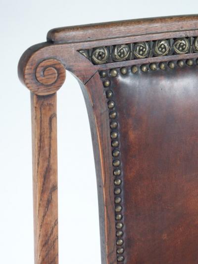 French 1920s set of 6 dining chairs in oak brass