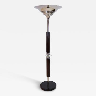 French 1930s Art Deco Floor Lamp in Mahogany and Chrome with Channelled Stem