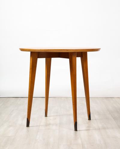 French 1940s Circular Wood Side Table with Brass Sabot