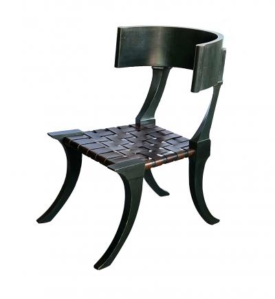 French 1940s Forest Green Painted Klismos Chair with Leather Strapwork Seat