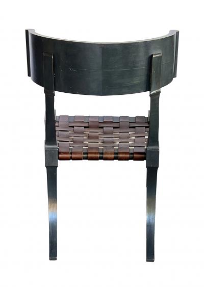 French 1940s Forest Green Painted Klismos Chair with Leather Strapwork Seat