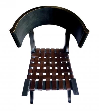 French 1940s Forest Green Painted Klismos Chair with Leather Strapwork Seat