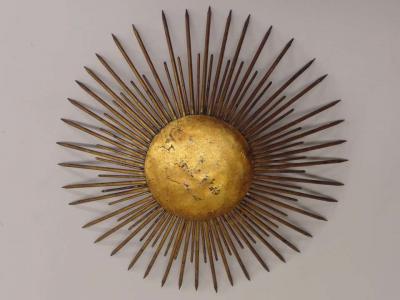 French 1940s Gilt Iron Modern Neoclassical Sunburst Flush Mount or Pendant