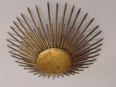 French 1940s Gilt Iron Modern Neoclassical Sunburst Flush Mount or Pendant