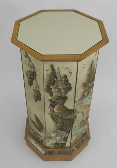 French 1940s Mirrored and Pine Trimmed Octagonal Shaped Pedestal