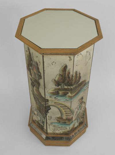 French 1940s Mirrored and Pine Trimmed Octagonal Shaped Pedestal