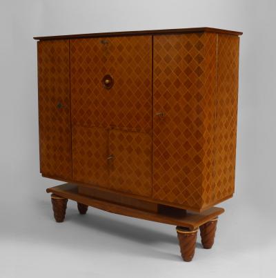 French 1940s Walnut Satinwood Inlaid Diamond Design Bar Cabinet