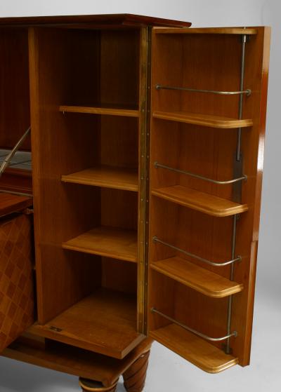 French 1940s Walnut Satinwood Inlaid Diamond Design Bar Cabinet