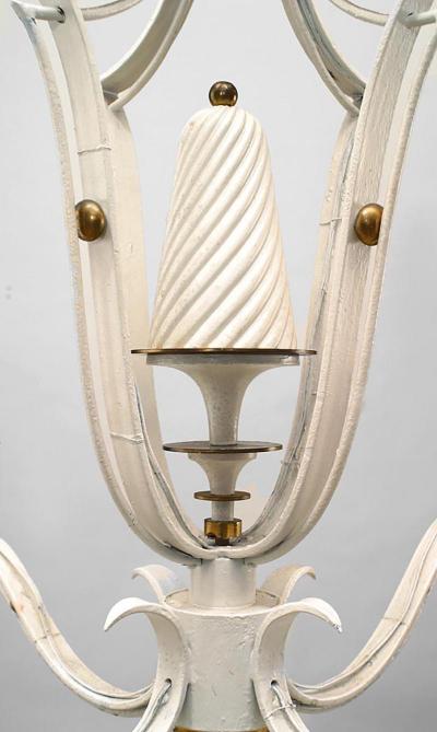 French 1940s White Painted and Brass Four Light Chandelier